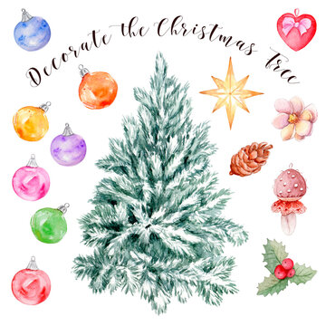 
Set of Christmas tree elements. Decorate the Christmas tree with toys. Drawn with watercolors. Copy space. Use for stickers, cards, decals, posters. Brigh Red, blue, green, yellow