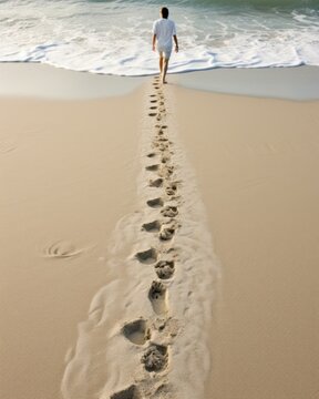 Concept photo of a person walking foot on the beach, following a set of footprints that appear to be made by a small child or animal. Upon reaching the cross, the footprints merge together,