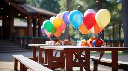 Concept photo of colorful balloons tied to picnic tables, a symbol of the joy and celebration present in the fellowship of the church.