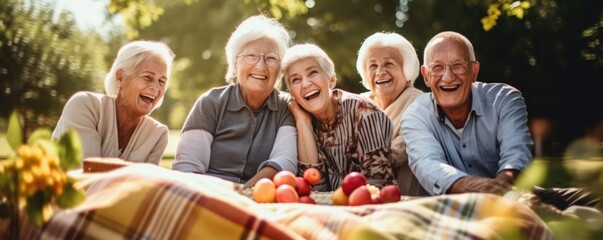 A group of elderly members lounging on a picnic blanket, reminiscing about old times and forming new friendships.