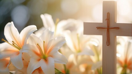 A closeup of a wooden cross dd with pale lilies, evoking feelings of peace and joy in celebration of Jesus triumph over death.