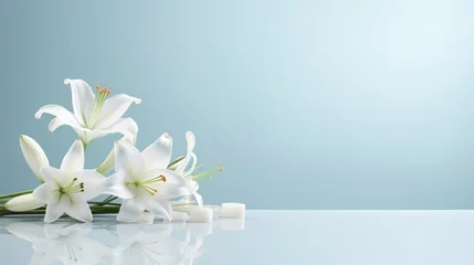 Foto op Plexiglas The crisp white petals of the lilies mirror the clean lines of the cross, creating a sense of balance and harmony in this elegant Easter image. © Justlight