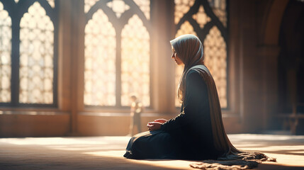 Linda mulher muçulmana com vestido hijab sentada na mesquita e rezando - obrazy, fototapety, plakaty