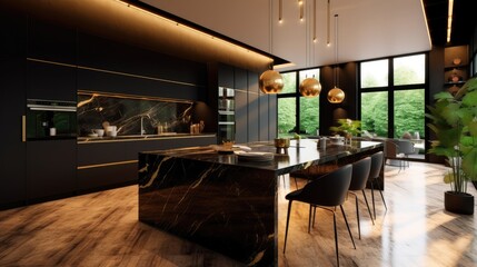 Modern kitchen with black cabinets, combined with white marble tables and shiny brown wooden floors