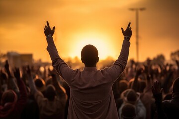 Concept photo of a man standing at the front of the prayer vigil, his hands raised towards the sky in a gesture of surrender, leading the group in a heartfelt prayer.