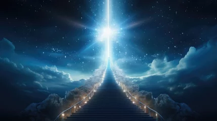 Poster Concept photo of a staircase made of interwoven beams of light, leading up to an expanse of stars and galaxies. At the top, a magnificent cross shines with the promise of eternal life and © Justlight