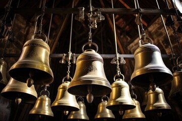 Closeup of the majestic bells hanging inside a church bell tower, a symbol of the poignant melodies that have echoed through the community for years.
