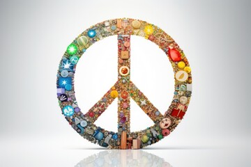 Concept photo of a peace sign made up of religious symbols and texts, showcasing the power and potential of interfaith dialogue in promoting understanding and peace.