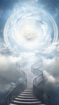 Concept photo of a swirling spiral staircase, seemingly made of clouds and mist, leading up to a glistening dome of light. Encircled by angels, the dome represents the eternal love and protection