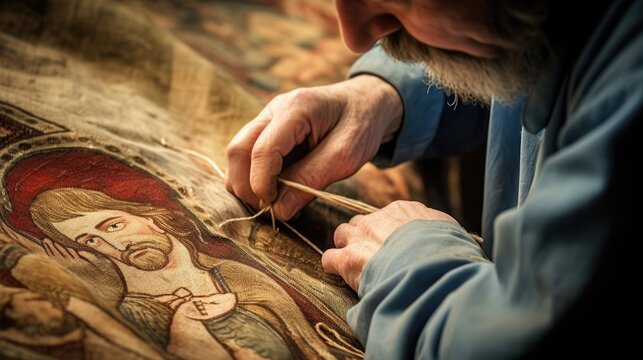 Closeup of a restorer using a specialized technique to delicately repair a damaged section of a priceless tapestry depicting the life of Jesus, ensuring its continued display in a sacred