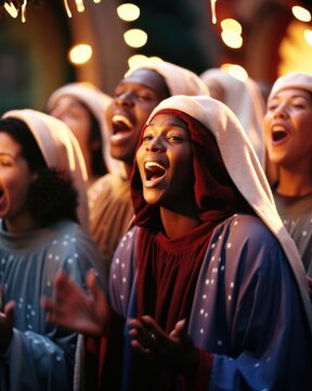 Concept photo of a local church choir singing joyful hymns, their voices filling the air with the spirit of Christmas, as they follow behind the Nativity float.