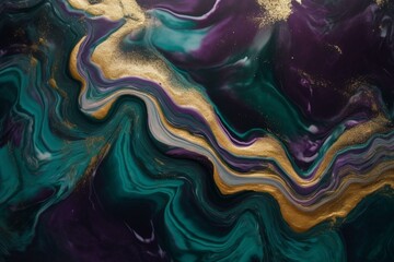 Abstract green and dark purple art with marble swirls, agate ripples, and gold glitter. Luxury and organic wallpaper. Generative AI - obrazy, fototapety, plakaty
