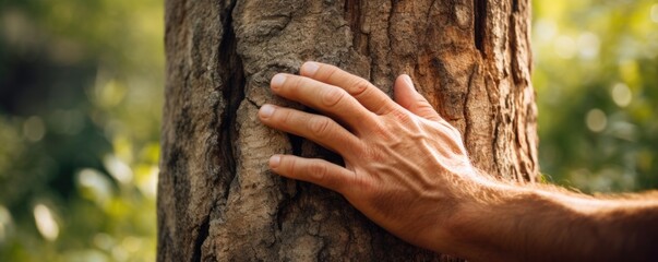 Closeup of a persons hand gently touching the trunk of an old oak tree, their eyes closed in reverence and appreciation for the strength, wisdom, and resilience of nature. - obrazy, fototapety, plakaty