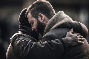 Closeup of a person comforting a friend in need, their reassuring words and actions reflecting their strong faith in being there for others. - obrazy, fototapety, plakaty