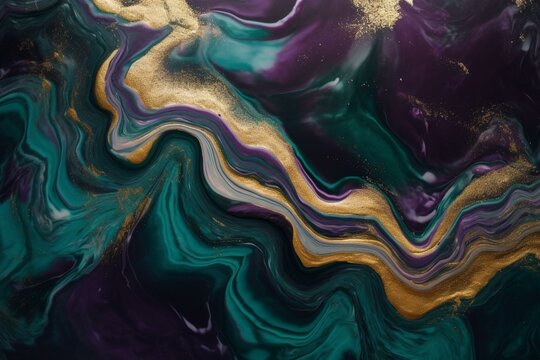 Abstract green and dark purple art with marble swirls, agate ripples, and gold glitter. Luxury and organic wallpaper. Generative AI