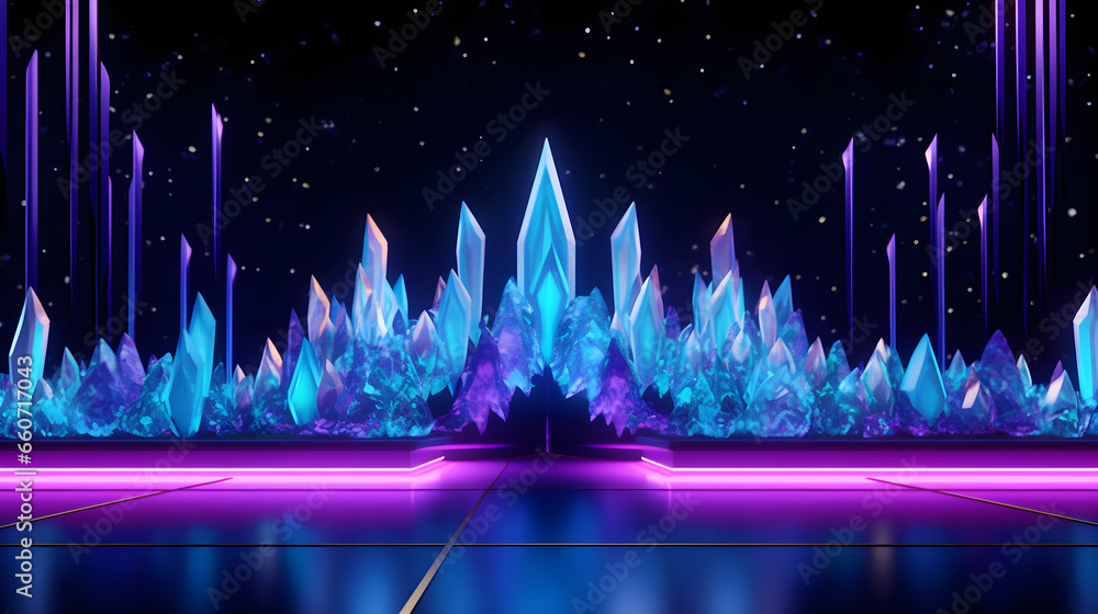 Poster black background with neon blue violet crystals with copy space for website and web page design