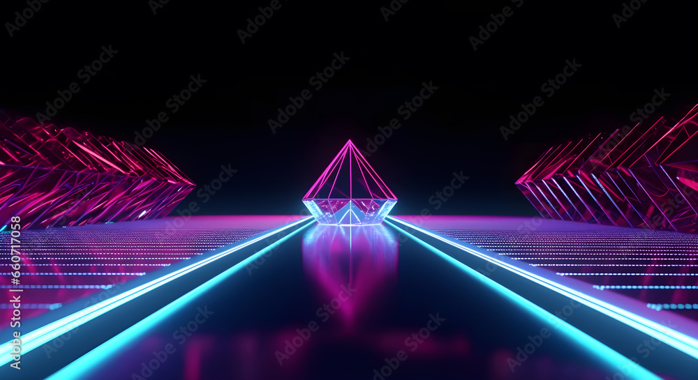 Poster black background with neon blue violet crystals with copy space for website and web page design