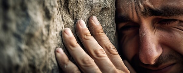 Closeup of a pilgrim touching the smooth surface of a sacred rock, his eyes closed in reverence as he connects with the spirituality of the place. - obrazy, fototapety, plakaty