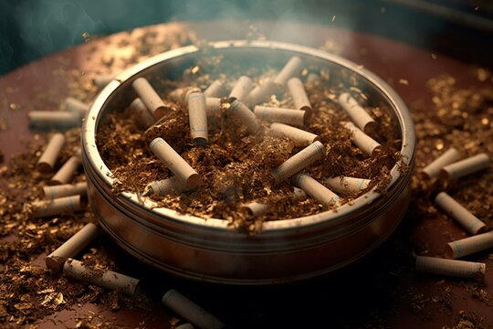 An anti-smoking campaign image featuring a full ashtray of stubbed-out cigarette butts. Generative AI