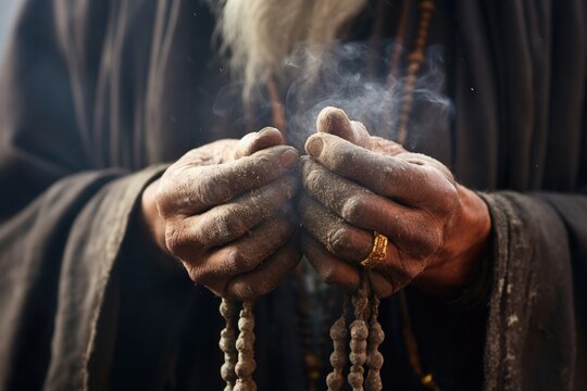 Closeup of a pilgrims weathered hands cradling a worn rosary as he prays fervently in a crowded temple filled with incense smoke. - Powered by Adobe
