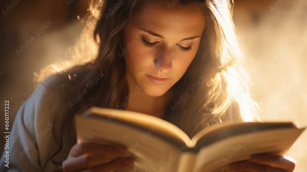Poster a closeup shot of a persons face fully engrossed in reading a holy book, conveying the intensity and