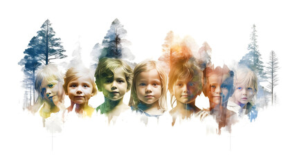 double exposure: children and forest, ecology and future - obrazy, fototapety, plakaty