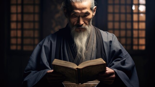 Concept photo of a reverent individual holding a religious text and carefully examining the pages with a look of deep contemplation and devotion.