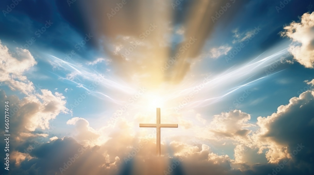 Poster rays of sunlight breaking through the clouds and shining down on the cross, representing the divine 