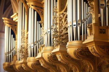 Closeup of a grand pipe organ, with intricate pipes and keys, serving as the musical centerpiece for hymns and religious songs during services.