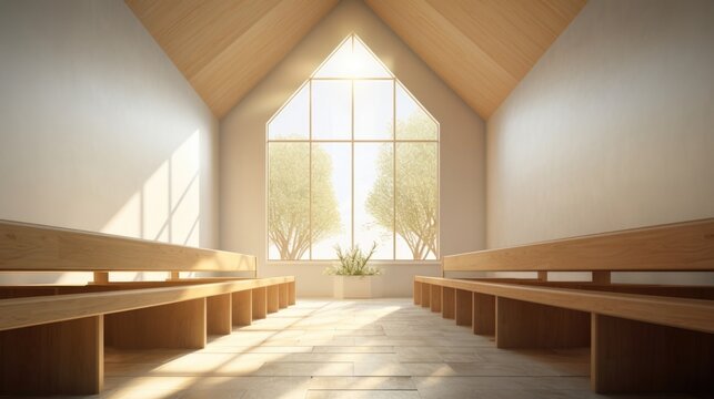 Concept photo of a peaceful chapel, with soft natural light filtering through large windows, creating a serene atmosphere for personal reflection and prayer.