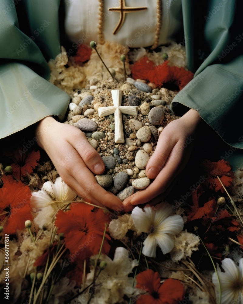 Poster closeup of a small cross cradled in a bed of seashells and seaweed, as if being gently held by the h