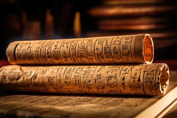 Concept photo of a stack of ancient Egyptian papyrus scrolls, with hieroglyphic inscriptions and ilrations, representing the sacred stories and beliefs of the ancient civilization.