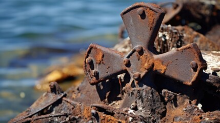 Closeup of a rusted iron cross, strong and sy despite the corrosive effects of the sea air. It serves as a reminder that faith can endure even the toughest of environments.
