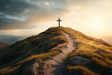Concept photo of a cross on a hill, with a winding path leading up to it, symbolizing the journey of faith and the challenges and triumphs along the way. - obrazy, fototapety, plakaty