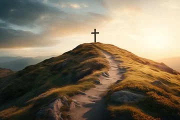 Fotobehang Concept photo of a cross on a hill, with a winding path leading up to it, symbolizing the journey of faith and the challenges and triumphs along the way. © Justlight