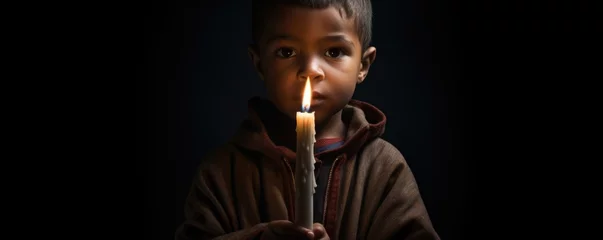 Fototapeten An image of a child holding a small cross, lit up by a single candle flame, representing the innocence and purity of a young soul seeking solace and guidance. © Justlight