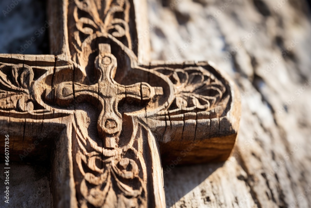 Poster closeup of a rustic, weathered cross, its intricate carvings and imperfections adding character and 