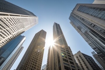 Fototapeta na wymiar Tall buildings in modern urban plaza under sunny sky. Generative AI