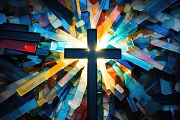 Cercles muraux Coloré Concept photo of a cross made from different pieces of stained glass, each fragment representing a different Christian denomination. When viewed from a distance, the tered pieces come together