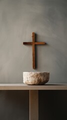 Closeup of a wooden cross with a rough, worn texture against a backdrop of a simple, plain baptismal font. The simplicity of the setup highlights the importance of faith and baptism.