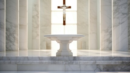 Concept photo of a traditional Catholic cross atop a pedestal, standing next to a baptismal font made of white marble. The simplicity and elegance of the setup is a nod to the longstanding - obrazy, fototapety, plakaty