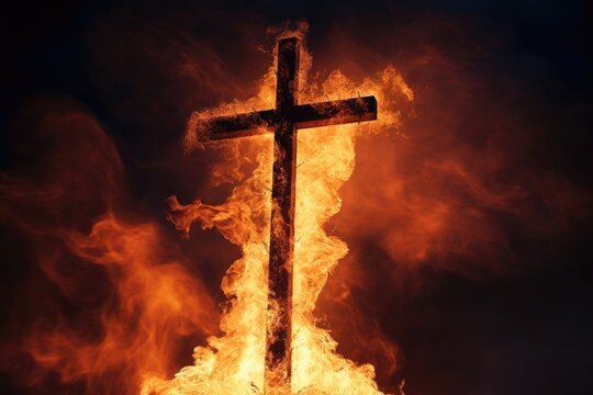 Closeup of the burning cross, the flames blazing brightly against the dark night sky, representing the enduring strength and power of faith.