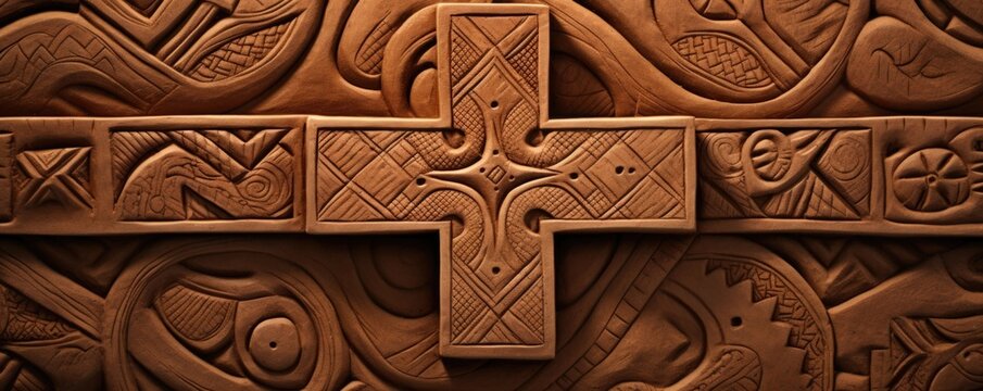 Concept photo of a cross sculpted from clay and decorated with intricate patterns and symbols from the Mormon, Pentecostal, and Adventist traditions. Each detail is a reminder of the rich