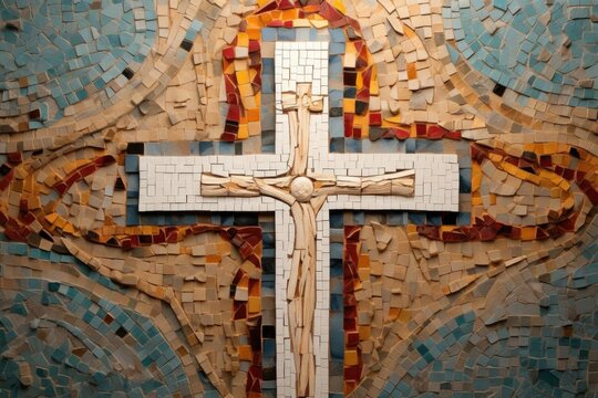 Concept photo of a mosaic cross intertwined with images of biblical scenes and symbols, creating a story within the artwork. The craftsmanship and attention to detail are evident in each