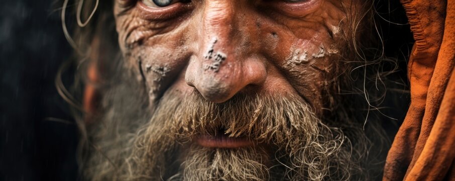 Closeup of a pilgrims worn and weathered face, reflecting the transformative and purifying effects of the pilgrimage experience.