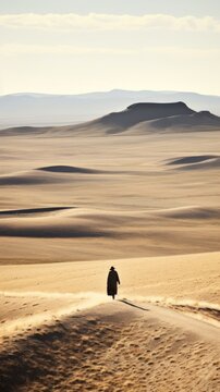 Concept photo of a lone pilgrim walking through a vast desert landscape, representing the solitude and introspection of the pilgrimage.