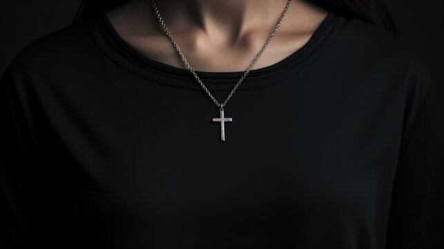 Closeup of a small, minimalist cross necklace, with a tiny pair of open hands dangling from the bottom, symbolizing the importance of forgiveness in daily life.