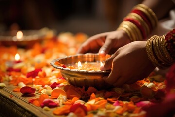 Closeup of a Hindu priest performing a puja religious offering as part of a traditional wedding ceremony, the intricately designed rituals symbolizing the union of two souls.