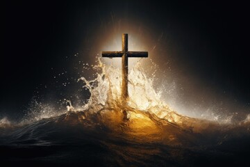 A striking image of a bright, golden cross rising triumphantly from a dark, turbulent ocean, evoking a sense of unshakable faith and unwavering trust in Gods guidance.