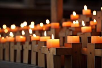Closeup of a wooden cross, worn by time and weather, standing solemnly a the warm and calming glow of many lit candles in the candlelit chapel.